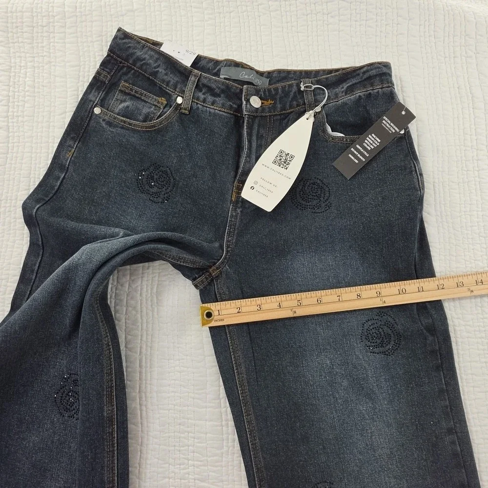 Cali 1850 Jeans Womens 9/29 Medium Wash Rhinestones NEW Wide Leg Relaxed NWT‎